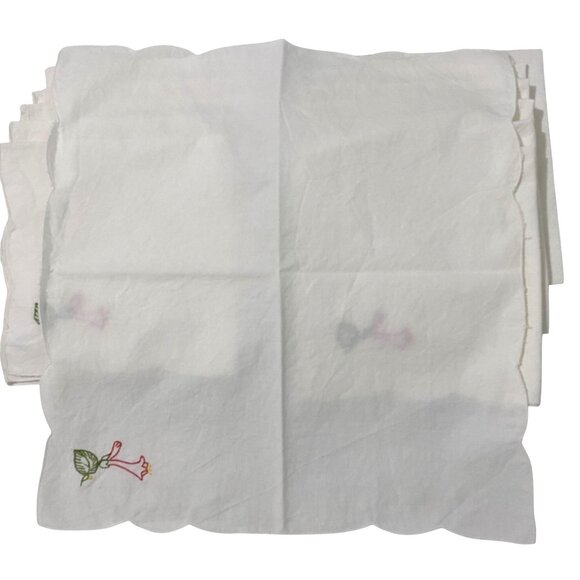 Vtg Linen Napkin Lot of 12 Beige Embroidered Scalloped Edge Thanksgiving Holiday - Picture 4 of 5